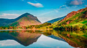 Hilly landscape mirrors in lakes surface in Lake District